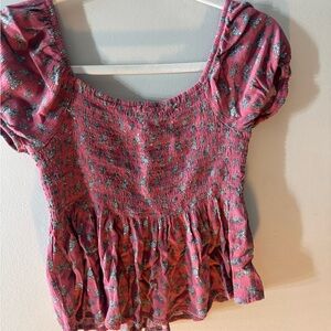 Elegant Pink Floral Smocked Blouse